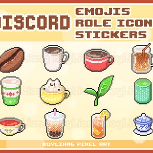 Cute Coffee and Tea Role Icons for Discord Server, Emojis and Stickers in 8Bit Pixel Style, Discord Emotes Pack