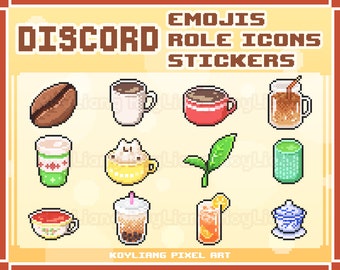 Cute Coffee and Tea Role Icons for Discord Server, Emojis and Stickers in 8Bit Pixel Style, Discord Emotes Pack
