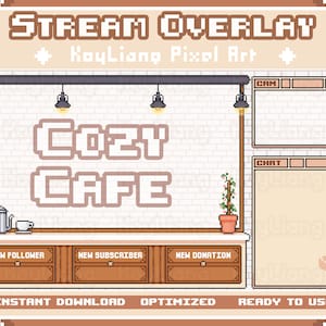 Cozy Cafe Streaming Overlays | Twitch Overlay Package, Cute Pixel Art, Relaxing Coffee House, Wooden Frame, Screens Border, Webcam, Chatbox