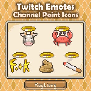 May include: Pixelated Twitch emotes and channel point icons. Includes a cow, crab, and other icons with halos. The text at the top reads "Twitch Emotes Channel Point Icons". The artist's name, "RoyLiang", is at the bottom.
