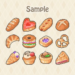 May include: A digital pixel art collection featuring twelve distinct baked goods including a baguette, heart-shaped pastry, croissant, bagel sandwich, pretzel, and fruit-filled tarts. The word Sample is printed in brown at the top center.