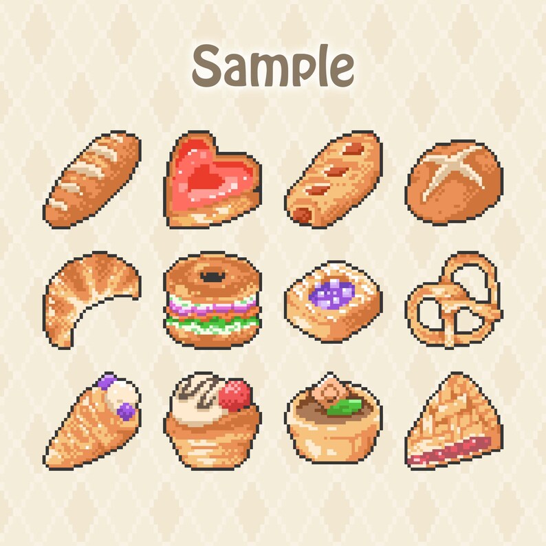 May include: A digital pixel art collection featuring twelve distinct baked goods including a baguette, heart-shaped pastry, croissant, bagel sandwich, pretzel, and fruit-filled tarts. The word Sample is printed in brown at the top center.
