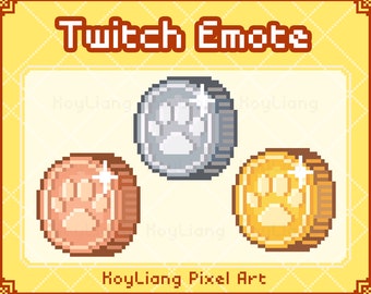 Twitch Emotes, Cute Paw Coin, Pixel Bronze Silver Gold Coins, Cat Dog Channel Points Icon, Gaming Money Reward