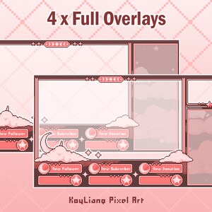 May include: Four pink and brown pixel art Twitch stream overlays with a moon and cloud design. The overlays include sections for "New Follower", "New Subscriber", and "New Donation".