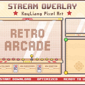 Twitch Retro Overlay with Arcade Game Machine in 8Bit Pixel Style for Stream Customization, Cool Screen Frame and Webcam Border