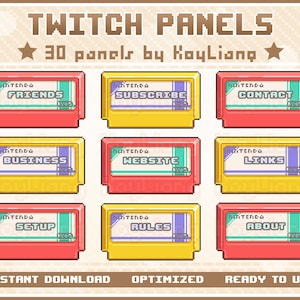 8 ビット ピクセル スタイルのレトロな Twitch パネル (About セクションのカスタマイズ用)、クラシック ビデオ ゲーム コンソールのカートリッジ