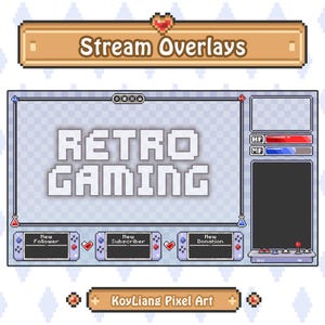 May include: A pixel art style stream overlay with a retro gaming theme. The overlay features a gray background with a white text box that says "RETRO GAMING". There are three smaller boxes below the text box labeled "New Follower", "New Subscriber", and "New Donation". The overlay also includes a health bar and a chat box.
