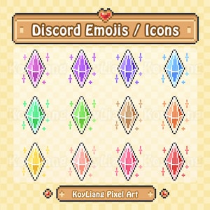 Shining Crystal Role Icons for Discord Server in 8Bit Pixel Style, Colorful Gemstones Emoji or Diamond Sticker Pack