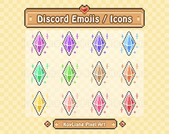 Shining Crystal Role Icons for Discord Server in 8Bit Pixel Style, Colorful Gemstones Emoji or Diamond Sticker Pack