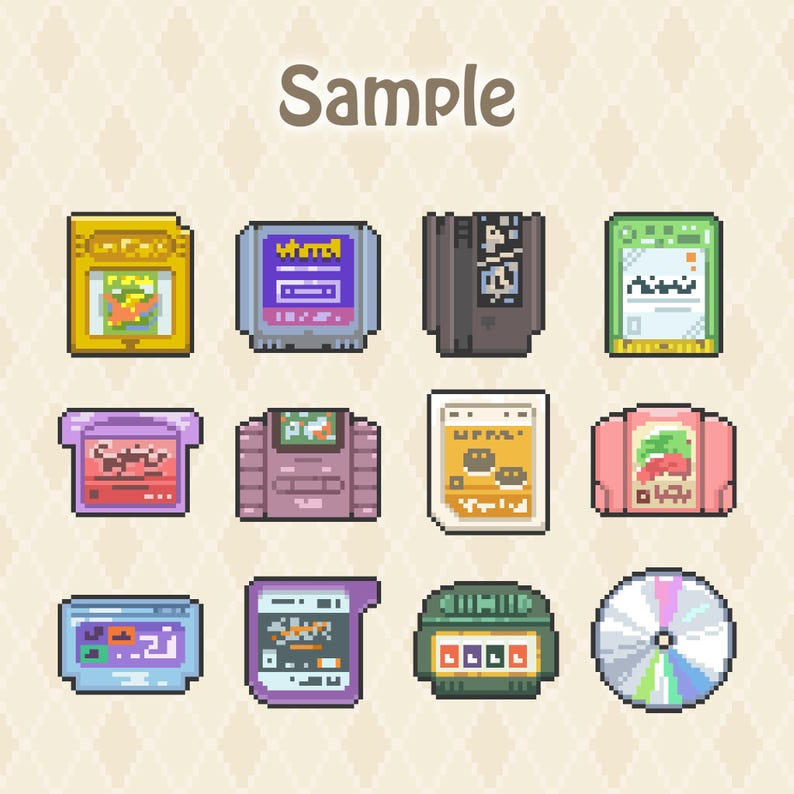 May include: A collection of twelve pixel art icons representing various video game media formats, including rectangular cartridges in yellow, purple, black, green, pink, and white, alongside a circular optical disc, all arranged in a grid.