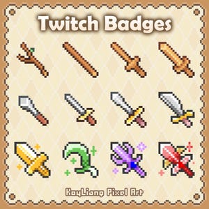 May include: A set of twelve pixel art Twitch badges arranged in three rows. The icons depict various items including a wooden branch, sticks, swords of different materials, a green curved blade, a purple crystal weapon, and a red ornate sword.