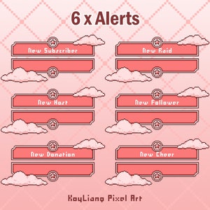 May include: Six pixel art Twitch alerts with pink clouds and a pink background. The alerts are for new subscribers, raids, hosts, followers, donations, and cheers.