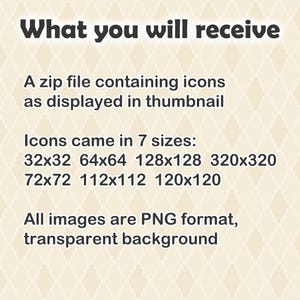 K&ouml;nnte beinhalten: Eine digitale Informationsgrafik mit einem hellbeigen Rautenmuster-Hintergrund und dunkelgrauem Text. Der Text lautet: What you will receive, A zip file containing icons as displayed in thumbnail, Icons came in 7 sizes: 32x32 64x64 128x128 320x320 72x72 112x112 120x120, All images are PNG format, transparent background.