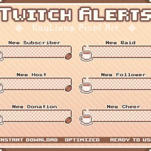 Twitch Coffee Alerts Pack, Pixel Cafe Stream Pop Up, New Subscriber, Follower, Donator, Raid, Host, Cheer