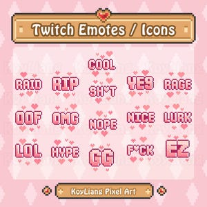 16 Text Emotes for Twitch Streaming in Cute Pixel Style, Pink Words with Little Love Including Rage, Raid, Lurk, Hype, RIP, LOL