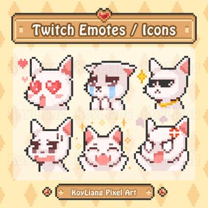 Pacchetto di emote di gatti per il canale Twitch in stile carino a 8 bit con diverse espressioni facciali, icone predefinite di Pixel Kitty