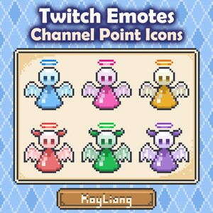 Op de afbeelding: Een digitale afbeelding met zes pixelachtige engelen met halo's en vleugels. De karakters zijn in verschillende kleuren: blauw, roze, geel, rood, groen en paars. De tekst "Twitch Emotes Channel Point Icons" staat bovenaan.