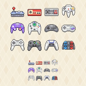 May include: Pixel art illustration of various video game controllers, including classic and modern designs. The controllers are in different colors and shapes, representing different gaming consoles. A nostalgic and colorful collection.