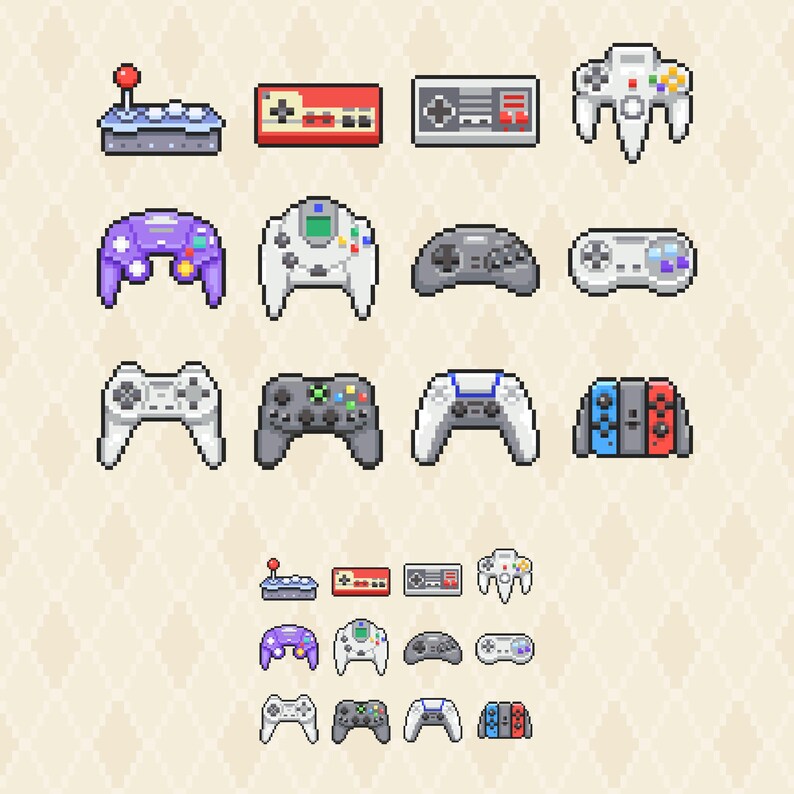 May include: Pixel art illustration of various video game controllers, including classic and modern designs. The controllers are in different colors and shapes, representing different gaming consoles. A nostalgic and colorful collection.