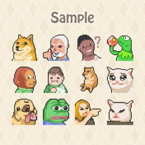 May include: A digital pixel art collection featuring twelve distinct character icons arranged in a grid. The word Sample is printed in brown at the top. The icons depict various internet memes including animals, people, and cartoon figures in vibrant colors.