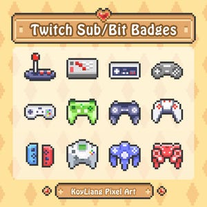 Op de afbeelding: Een set van 10 Twitch sub- en bit-badges in pixel art met verschillende retro-videogamecontrollers, waaronder een joystick, een NES-controller, een Super Nintendo-controller, een Sega Genesis-controller, een N64-controller, een GameCube-controller en een Wii-afstandsbediening. De badges zijn ontworpen in een gepixelde stijl en zijn perfect voor Twitch-streamers om hun abonnees en kijkers te belonen.