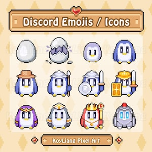 Iconos o gestos de rol de pingüino kawaii en estilo píxel de 8 bits para personalizar el servidor de Discord, lindos emojis o paquetes de pegatinas de eclosión de huevos