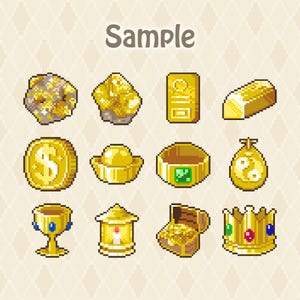 May include: A collection of twelve pixel art icons featuring gold-themed items including a nugget, a bar, a dollar coin, a ring with a green gem, a pouch with a yin-yang symbol, a chalice with blue gems, a chest of coins, and a crown with gems.