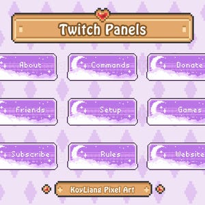 Puede incluir: Paneles de Twitch en pixel art en tonos morados y blancos. Cada panel presenta un diseño de luna creciente y nubes, con etiquetas de texto como "About", "Commands" y "Donate". El diseño es lindo y caprichoso, ideal para streamers.