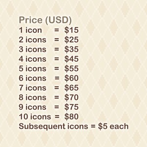 May include: A beige graphic chart with dark brown text titled Price (USD) listing costs for icons from 1 to 10, starting at 1 icon for $15 up to 10 icons for $80, with a final line stating that subsequent icons are $5 each, all on a diamond pattern.