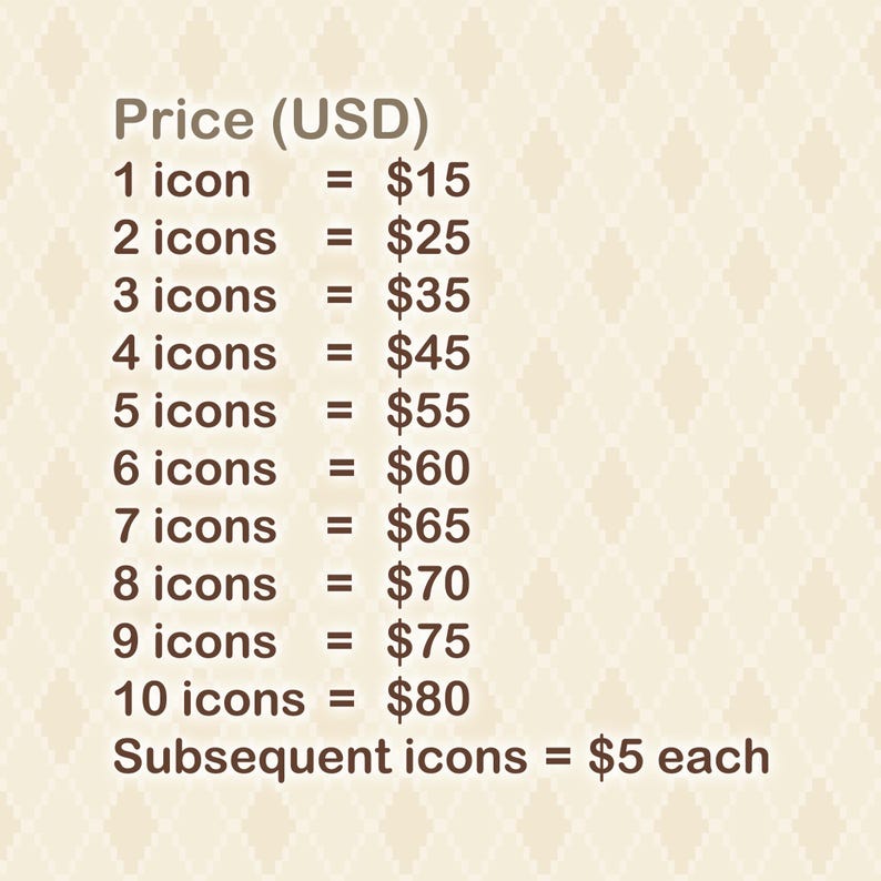 May include: A beige graphic chart with dark brown text titled Price (USD) listing costs for icons from 1 to 10, starting at 1 icon for $15 up to 10 icons for $80, with a final line stating that subsequent icons are $5 each, all on a diamond pattern.