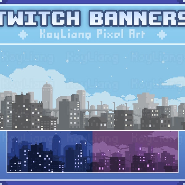 Twitch Banner im niedlichen Pixel Style zum Verzieren des Streamer Profils - Stadt Landschaft in Tag und Nacht Ansicht