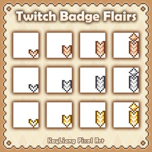 May include: A digital display titled Twitch Badge Flairs featuring twelve square icons arranged in a grid. Each icon contains pixel art of a vertical chevron-style badge in three color variations: light brown, grey, and yellow, showing growth stages.