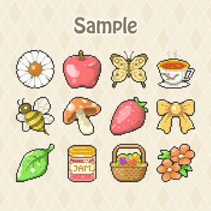 May include: A collection of twelve pixel art icons featuring a white daisy, a red apple, a tan butterfly, a teacup, a bee, a mushroom, a strawberry, a yellow bow, a green leaf, a jar labeled JAM, a basket of fruit, and orange flowers.