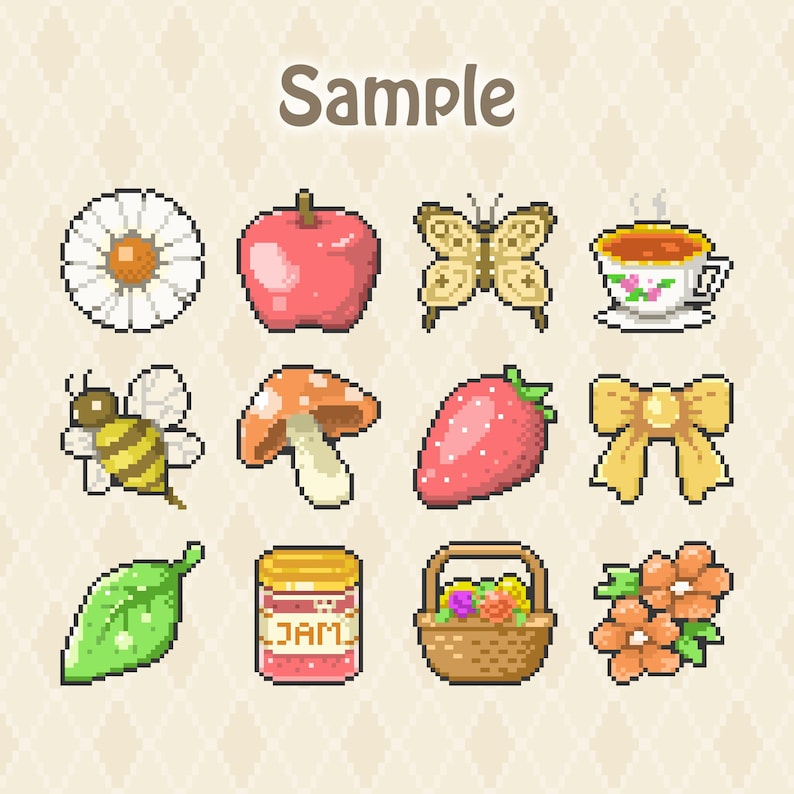 May include: A collection of twelve pixel art icons featuring a white daisy, a red apple, a tan butterfly, a teacup, a bee, a mushroom, a strawberry, a yellow bow, a green leaf, a jar labeled JAM, a basket of fruit, and orange flowers.