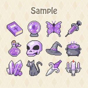 May include: A collection of twelve pixel art icons in shades of purple and gray, featuring a book, crystal ball, butterfly, syringe, potion bottle, skull, witch hat, cauldron, crystals, cat, dagger, and a candelabra with the word Sample above.