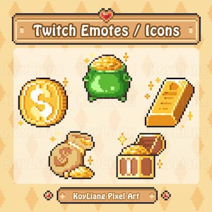 Emotes Pack in Cute Pixel Style, Shining Gold Coin and Treasure Box, Channel Point Icons for Twitch