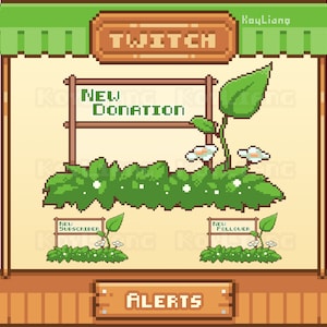 Twitch Alerts Pack in Green Forest Theme - Cute Pixel Art Style, New Follower Alert