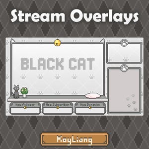 May include: Pixelated stream overlay design with the text "Stream Overlays" at the top. The main panel says "BLACK CAT" with paw prints. Includes sections for new followers, subscribers, and donations. The artist's name, RoyLiang, is at the bottom.