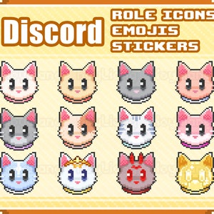 Cat Emoji in Cute Pixel Style for Discord Server, 8Bit Kitty Role Icons or Stickers in Bundle