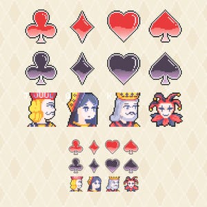 K&ouml;nnte beinhalten: Eine Sammlung von Pixel-Art-Spielkarten-Symbolen mit roten und dunkelvioletten Farben f&uuml;r Kreuz, Karo, Herz und Pik. Das Set enth&auml;lt Charakterportr&auml;ts von Bube, Dame, K&ouml;nig und Narr sowie einen kleineren, identischen Satz darunter.