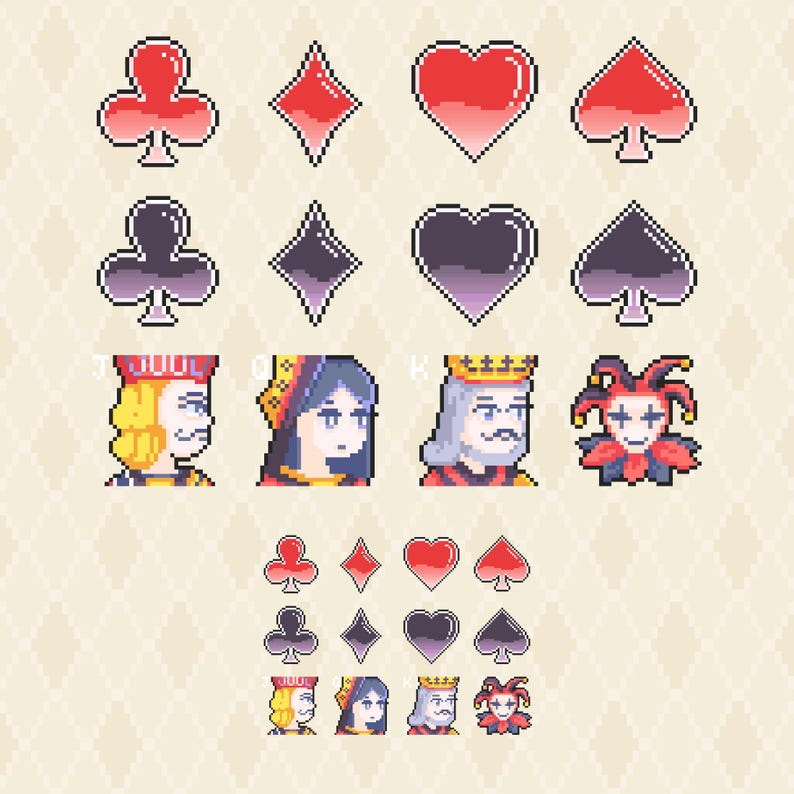 K&ouml;nnte beinhalten: Eine Sammlung von Pixel-Art-Spielkarten-Symbolen mit roten und dunkelvioletten Farben f&uuml;r Kreuz, Karo, Herz und Pik. Das Set enth&auml;lt Charakterportr&auml;ts von Bube, Dame, K&ouml;nig und Narr sowie einen kleineren, identischen Satz darunter.