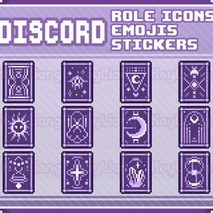 Tarot Role Icons for Discord Server in Retro Pixel Art Style, Magical Emojis for Lunar Witch, Mystical Moon and Sun Icons