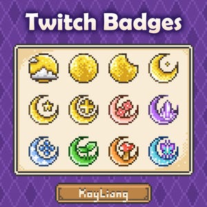 以下が含まれることがあります： クリーム色の背景に表示された12個のピクセルアートTwitchバッジのセット。上部にTwitch Badges、下部にKayLiangのテキストがあります。アイコンは黄色、ピンク、紫、青、緑、オレンジの様々な月の形をしています。