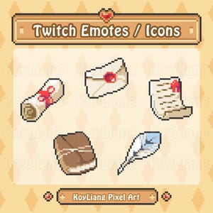 May include: Pixel art Twitch emotes and icons featuring a scroll, envelope, letter, package, and quill. The text "Twitch Emotes / Icons" is displayed at the top. The artist's name, "KoyLiang Pixel Art," is at the bottom.