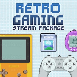 Puede incluir: Gráfico pixelado de un paquete de transmisión de juegos retro. Incluye una consola de juegos portátil amarilla, un cartucho de juego, un Tamagotchi morado y un mando de juego gris. El texto "RETRO GAMING STREAM PACKAGE" se muestra en azul.