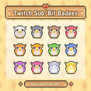 Pixel Sub Badges for Twitch - Owl Sub Badges, Cute Bird Bit Badges, Little Animal Icons