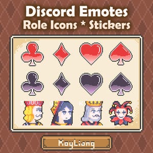 K&ouml;nnte beinhalten: Eine Pixel-Art-Sammlung mit Discord Emotes, Role Icons und Stickern. Das Set enth&auml;lt rote und dunkelviolette Spielkartensymbole sowie pixelige Portr&auml;ts von Bube, Dame, K&ouml;nig und Narr. Der Text lautet Discord Emotes Role Icons Stickers.