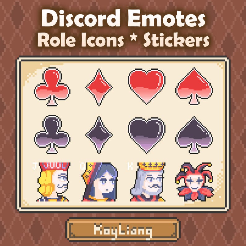 K&ouml;nnte beinhalten: Eine Pixel-Art-Sammlung mit Discord Emotes, Role Icons und Stickern. Das Set enth&auml;lt rote und dunkelviolette Spielkartensymbole sowie pixelige Portr&auml;ts von Bube, Dame, K&ouml;nig und Narr. Der Text lautet Discord Emotes Role Icons Stickers.