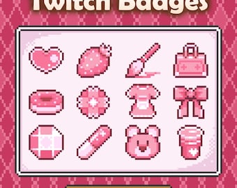 Pink Sub Badges: Kawaii Twitch Badges, 8 Bit Pixel Art