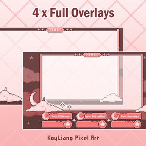 May include: Four pink and brown pixel art Twitch overlays with a crescent moon and clouds. The overlays include text for new follower, new subscriber, and new donation.